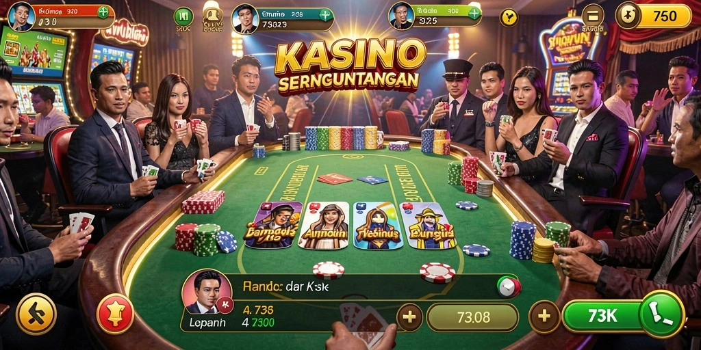 Tampilan utama gameplay 73K dengan berbagai permainan kasino menarik.