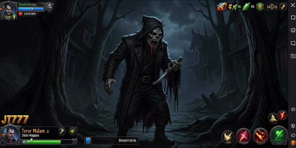 Screenshot gameplay JT777 menampilkan suasana menyeramkan dan mencekam.
