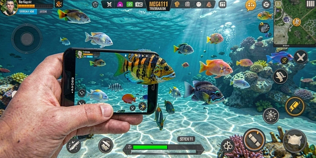 Screenshot MEGA111 menampilkan aksi seru dalam gameplay Tembak Ikan.
