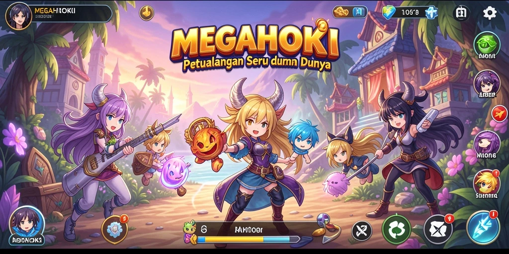 Tampilan gameplay seru MEGAHOKI dengan karakter Anime yang dinamis.