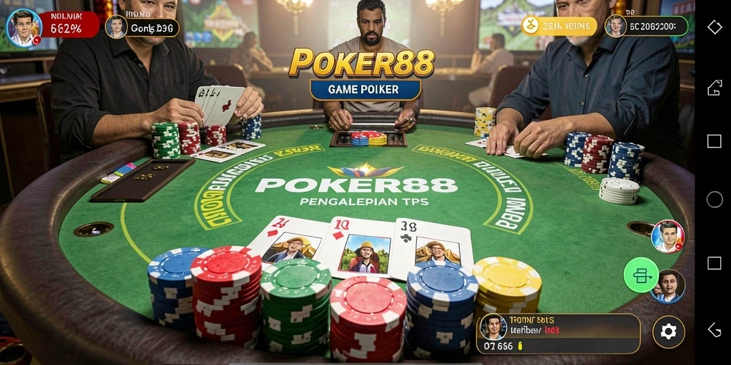 Screenshot utama POKER88 menampilkan suasana permainan poker yang mendebarkan.