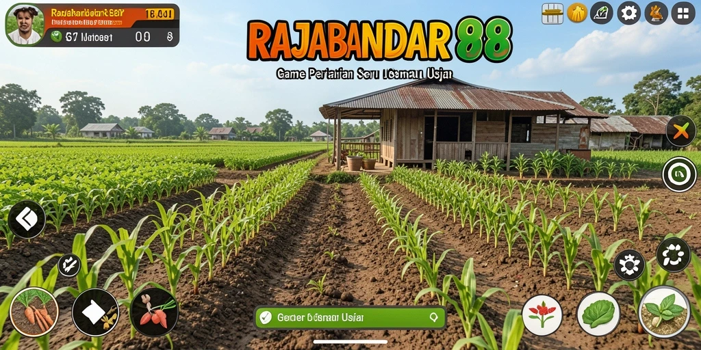 Screenshot gameplay RAJABANDAR88 menampilkan petak ladang penuh tanaman hijau.