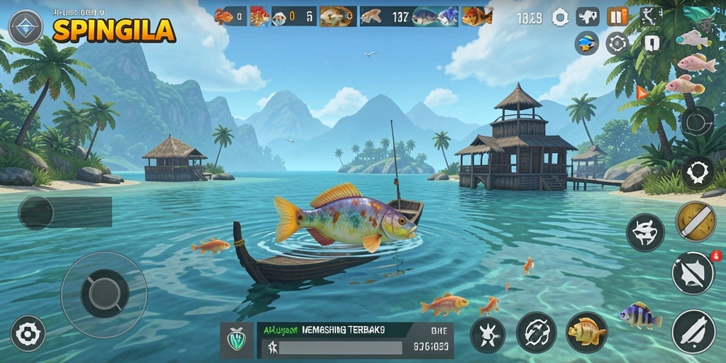 Tampilan gameplay SPINGILA dengan aksi memancing yang seru.