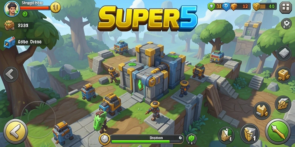 Tangkapan layar SUPER5 menampilkan menara bertahan yang melawan gelombang musuh.