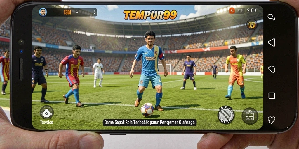 Screenshot TEMPUR99 menunjukkan aksi seru di lapangan sepak bola.