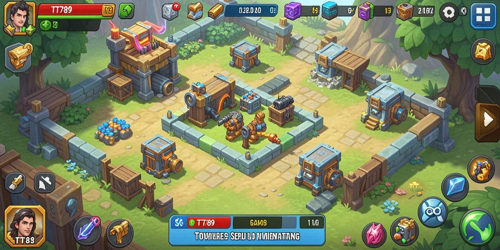 Screenshot TT789 menampilkan aksi menara mempertahankan dari serangan musuh.